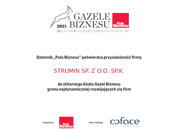 Dyplom Gazele Biznesu 2021 dla Strumin